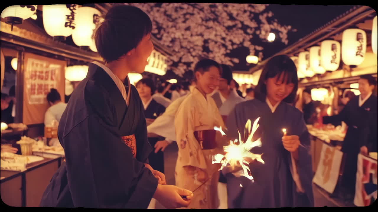 Japanese Night Market with Kimonos and Cherry Blossoms
