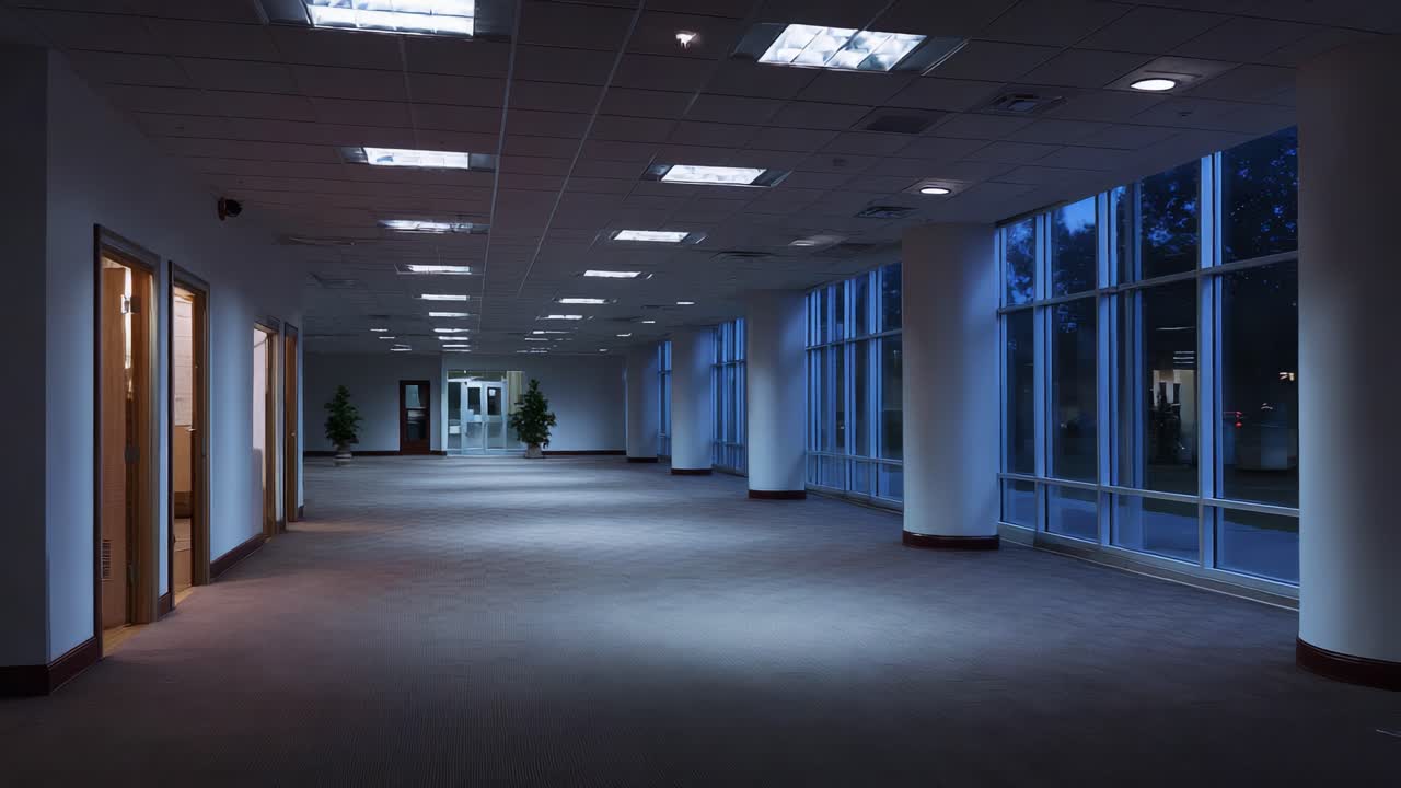 Un pasillo vacío y amplio iluminado de noche que muestra grandes ventanas, iluminación tenue y una sensación de calma y serenidad en un espacio comercial