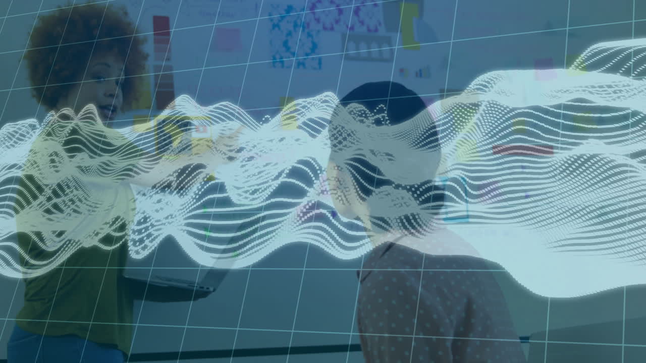 Women collaborating in tech office, displaying data-wave overlay with sticky notes and grid