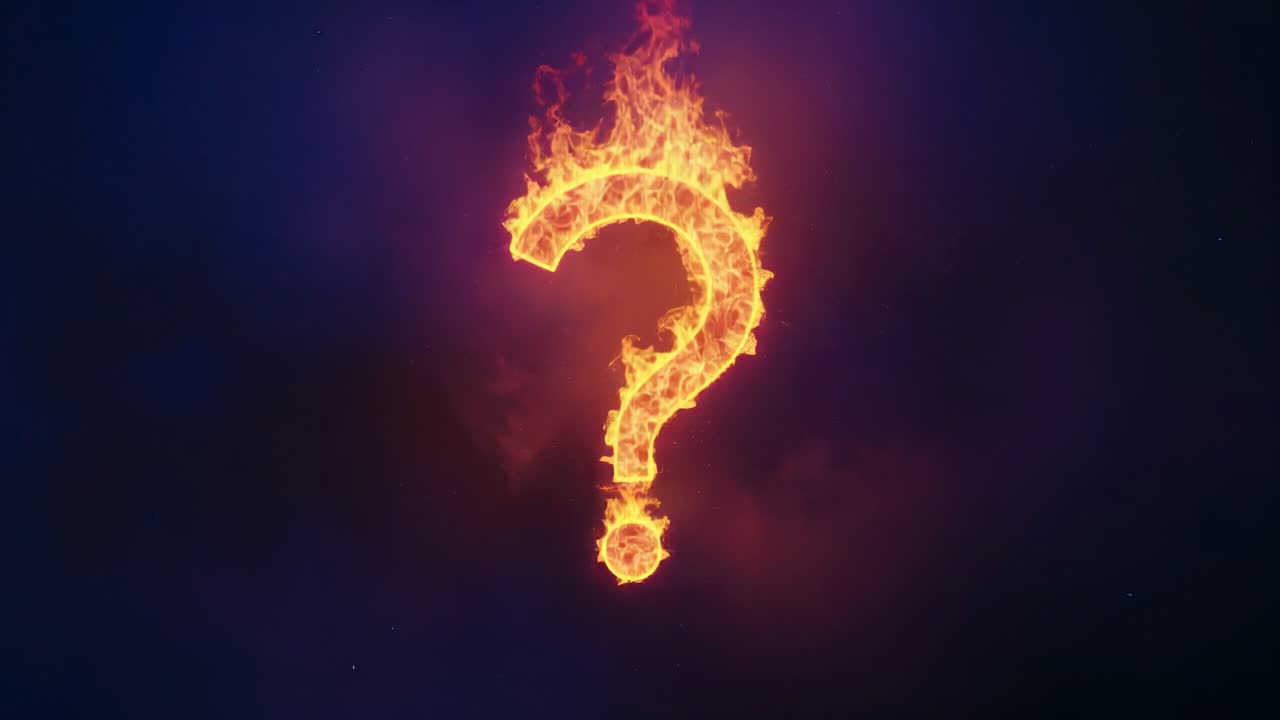 Glowing ember merging into burning question mark symbol in digital void, signaling swirling smoke