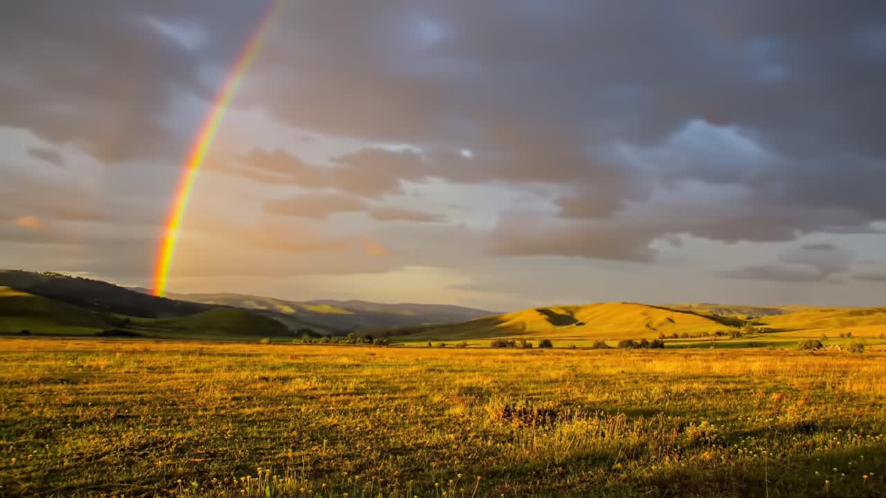A Stunning Rainbow Arches Over Serene Hills, Illuminating Golden Fields and Creating a Vivid Contrast Against a Dramatic Sky Filled with Clouds
