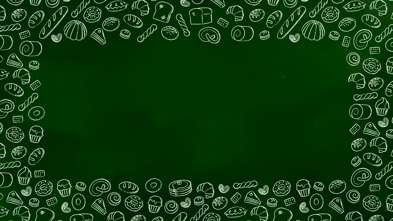 베이커리 움직이는 프레임 패턴 배경 만화 손 크레이드 그림 윤 스트로크 일러스트레이션 녹색 칠판 배경 원활한 루핑 애니메이션 4k, 중앙 복사 공간