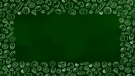 patrón de marco móvil de panadería fondo dibujos animados con tiza a mano dibujo de contorno ilustración de trazo aislada en tablero verde fondo animación de bucle sin costuras 4k, con espacio de copia en el centro