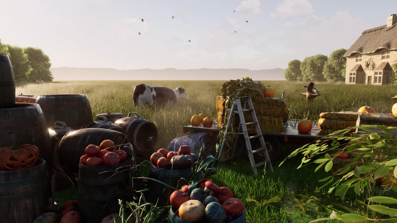 pumpkin market inside a grass field with barrels, an old truck, a scarecrow and a cottage at the back, 3D animation, animated scenery, camera zoom in