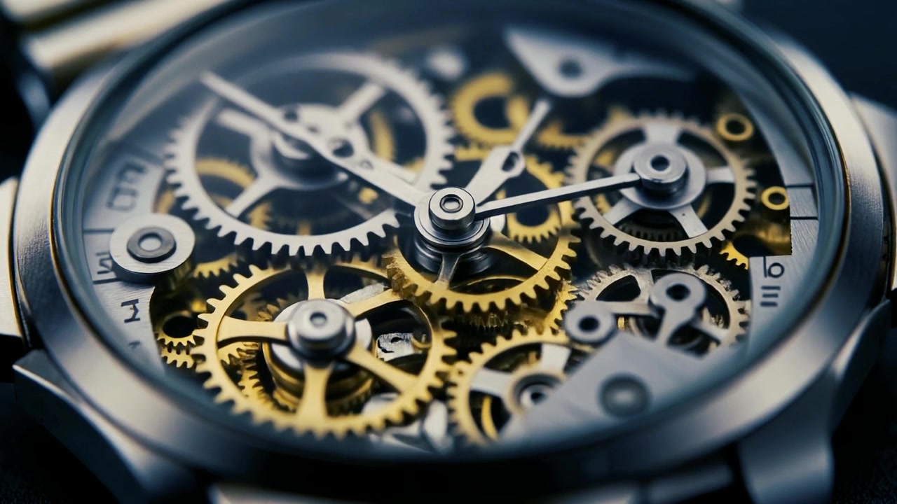 Close-up of Intricate Mechanical Watch Movement Gears