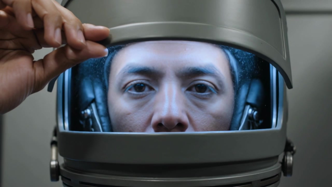 Left hand lifting helmet visor, Asian man revealing face and identifying in cockpit, suit sleeve