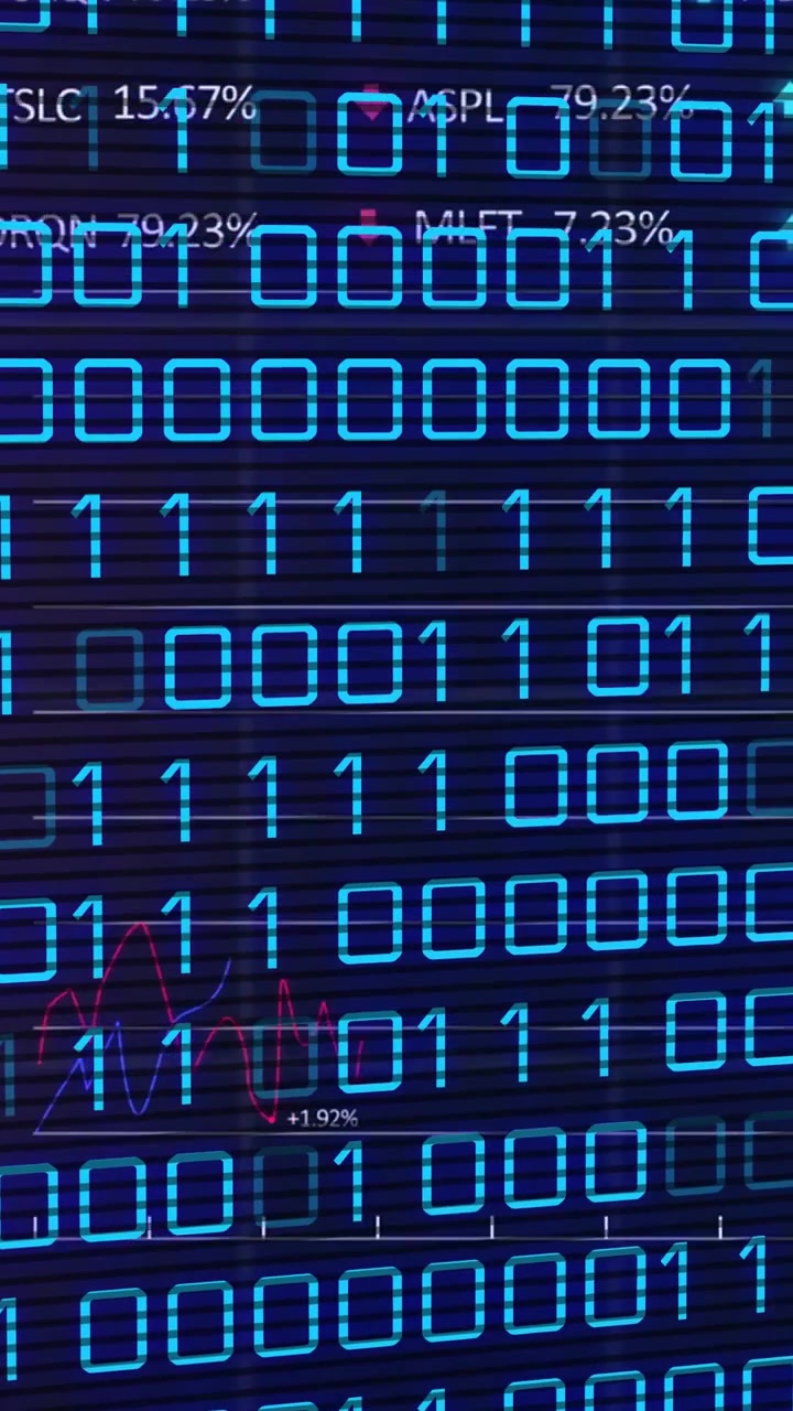 Vertical video: Glowing binary grid scrolling view panning, revealing tickers and selector for data