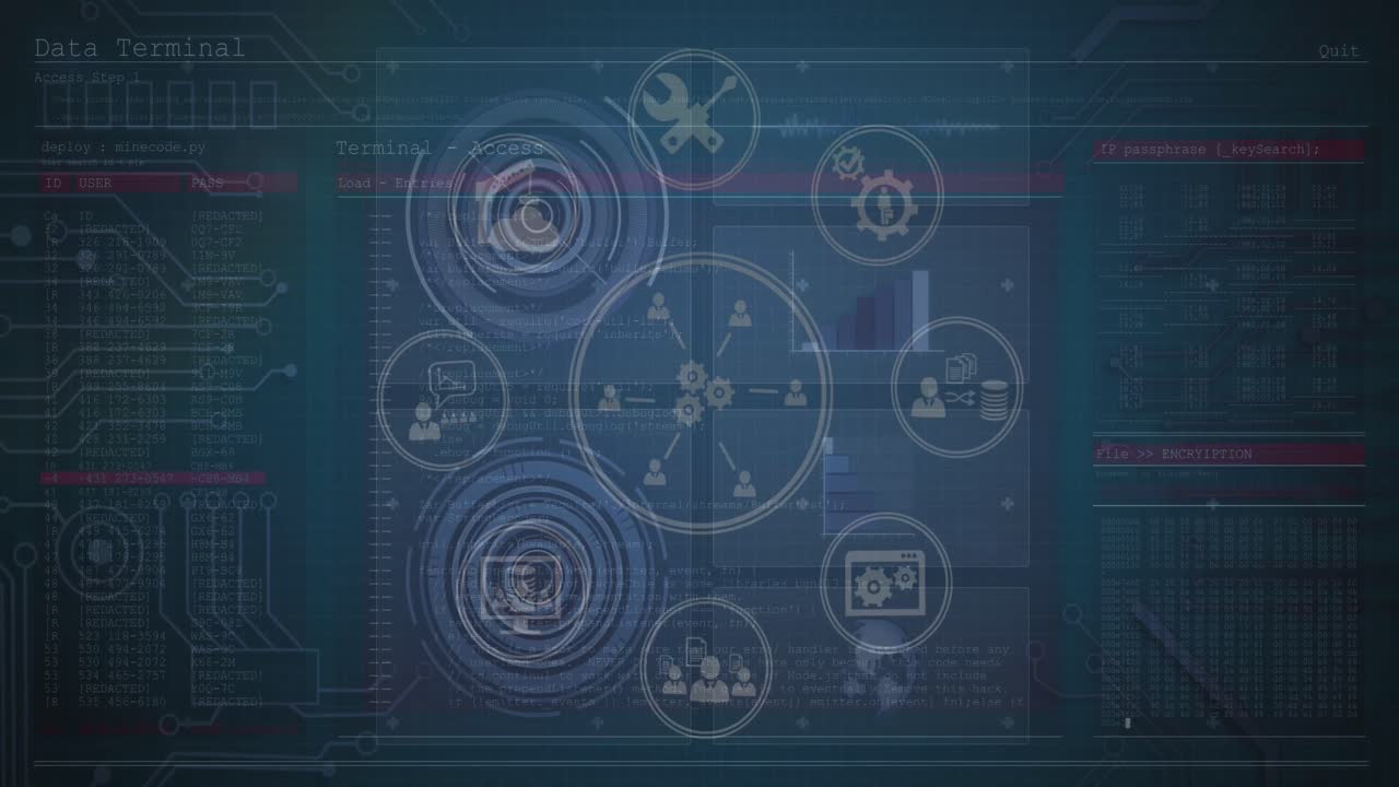 Animation of tech icons and motherboard on green digital screen