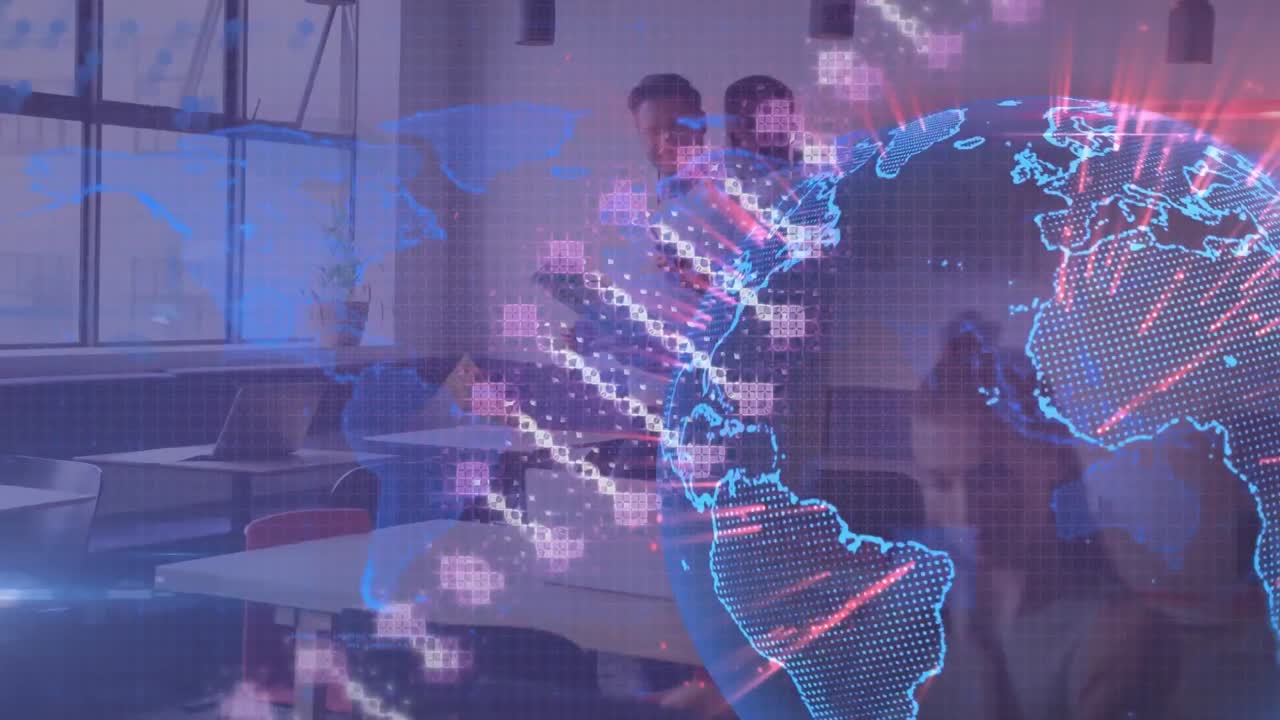 지구와 dna 스트랜드의 애니메이션은 사무실에 있는 다양한 사업가들에 대한 것입니다.