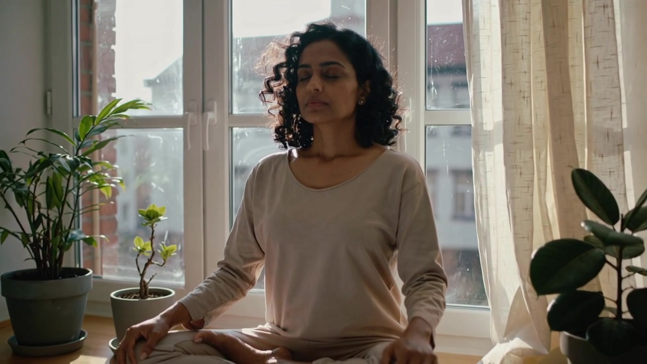 Donna che medita in abbigliamento da casa, che respira sul davanzale, mentre la telecamera si avvicina, con piante e una tenda per un'atmosfera di calma.