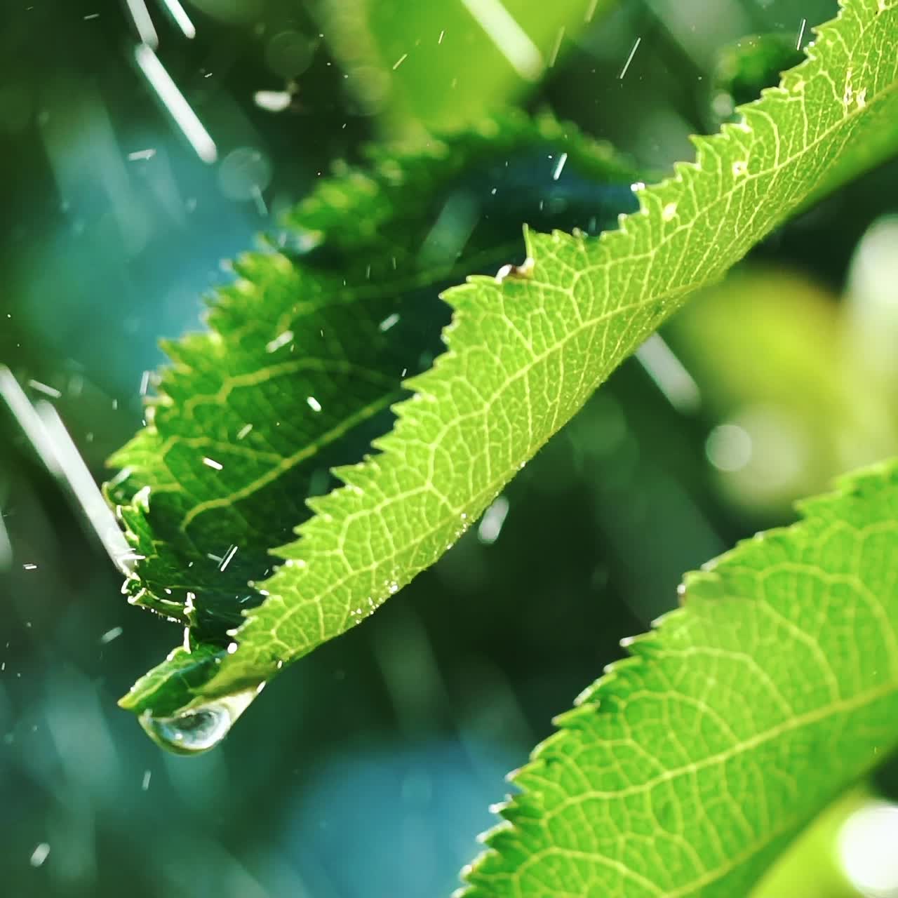 Watering the green grass. Sparkling water spraying out of sprinkler on the green lawn. Summer gardening. Slow motion