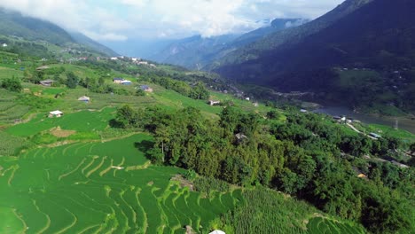 drone zooms in while ascending above rice paddies and farmland surrounded by forest and mountain landscape in sapa