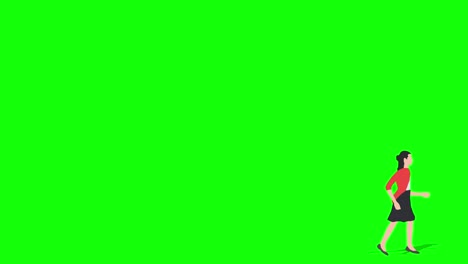 animation of young woman walking through from left to right.  loop animation ( 4k video ). green background for background transparent use.
