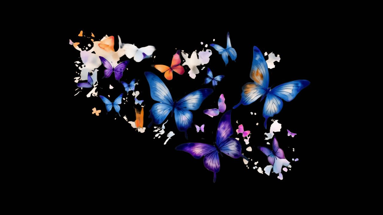 Colorful butterflies in flight animated overlay, transparent 4K video, alpha channel, ProRes 4444