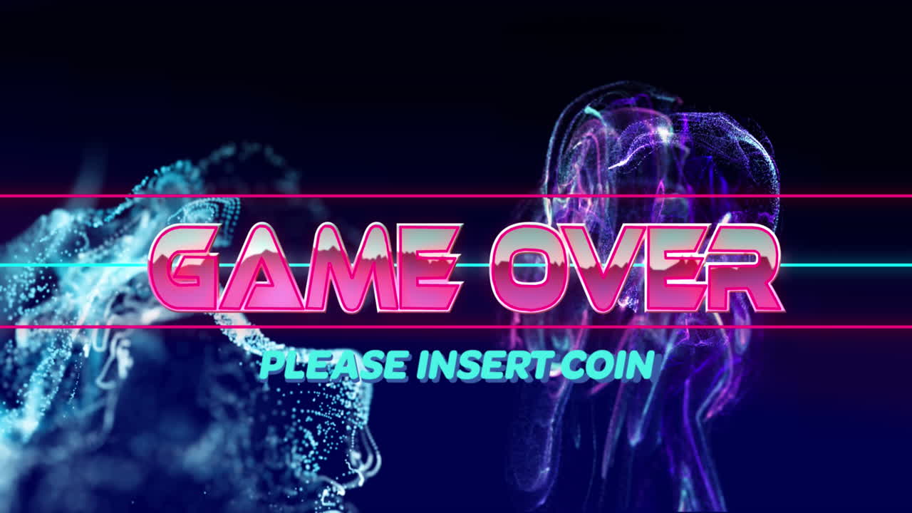 animación del juego sobre banner de texto sobre ondas digitales de luz azul contra un fondo púrpura