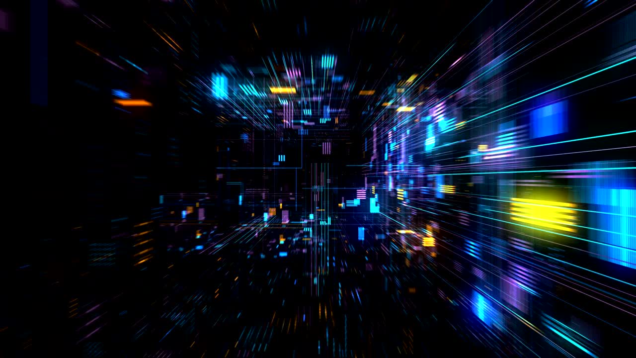 vuelo en el túnel cósmico futurista de hud bucle de reproducción 4k 3d sin costura