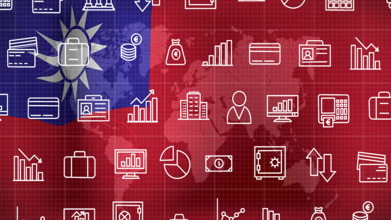 금융 및 비즈니스 아이콘 애니메이션 타이완 발과 세계 지도 배경