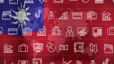 financial and business icons animation over taiwan flag and world map background