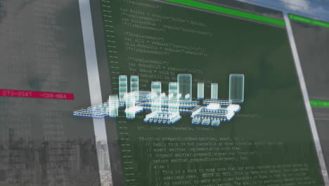 animación de la placa de circuitos y procesamiento de datos sobre el paisaje urbano