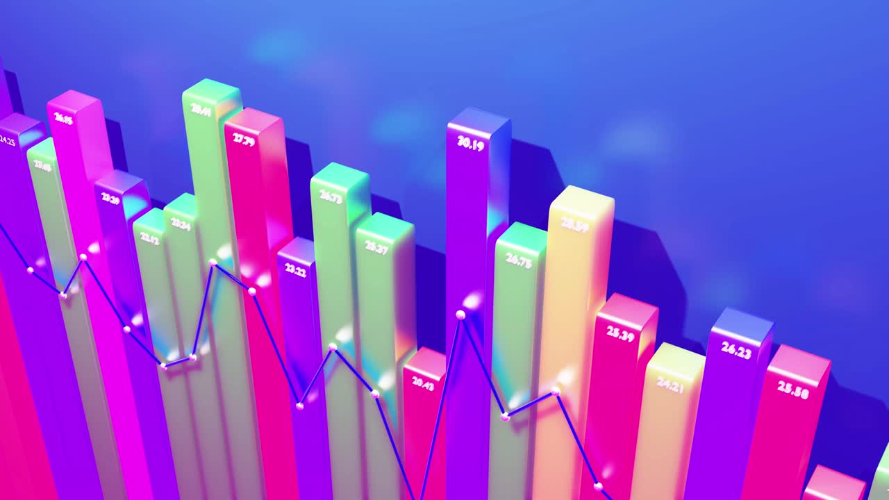 hermoso fondo en bucle 3d para programas analíticos con infografías abstractas, datos estadísticos. barras multicolores, contadores y gráficos. columnas 3d se mueven suavemente arriba y abajo en bucle. bg financiero