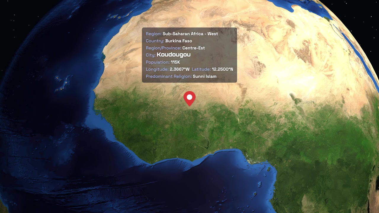 3D Earth Animation Zooms to Koudougou, Burkina Faso with Data