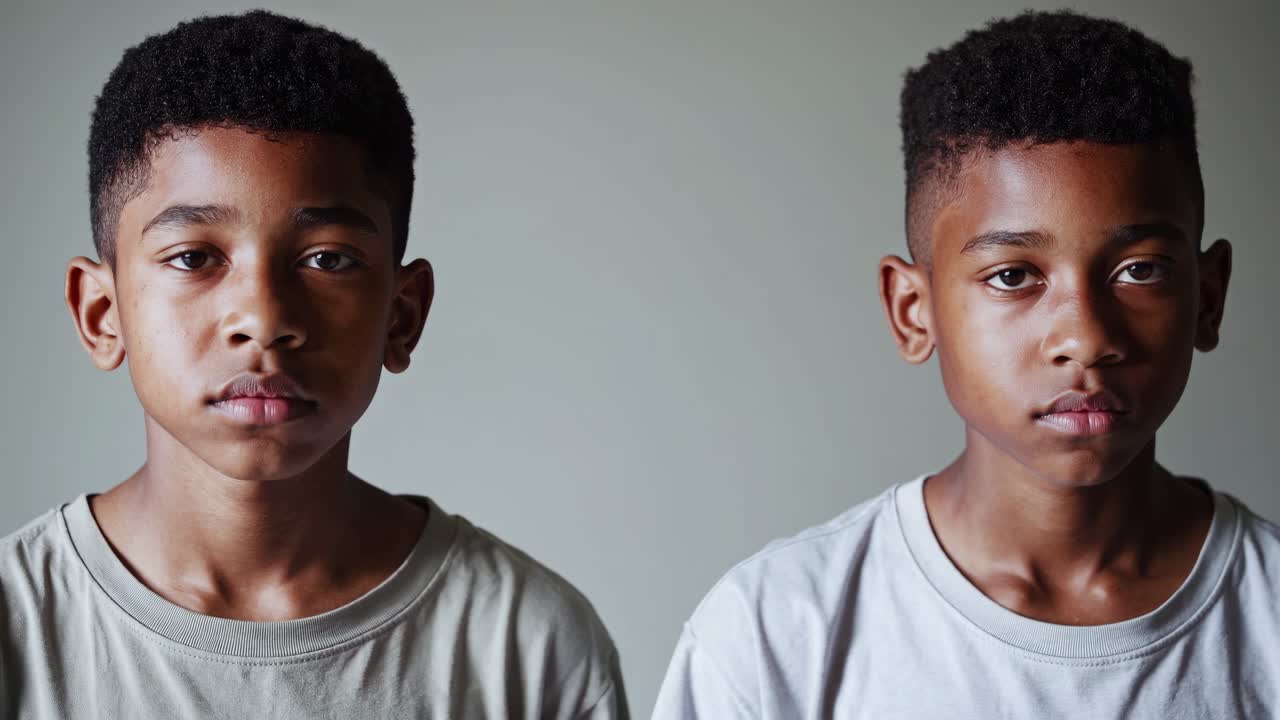 Two young twin brothers are posing together with a serious expression on their faces, creating a powerful image of connection and shared identity