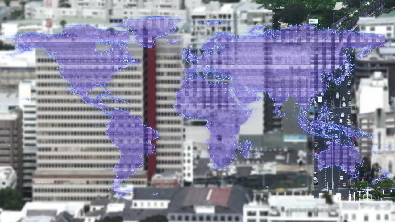 World map animation over cityscape with buildings and trees
