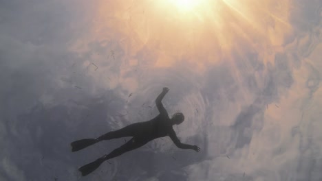 a snorkeler floats peacefully on the surface of the water, silhouetted against the evening sky with the sun setting in the background