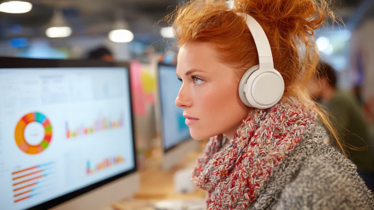Engaged Female Professional Working Intently with Headphones on, Analyzing Data Visualizations and Insights on Computer Screens in a Modern Office Setting