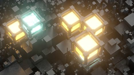 glowing cubes floating over the dark cubes, 3d rendering.