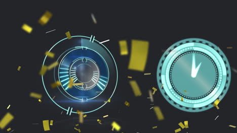 animation of confetti falling over clock and scope on black background