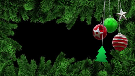 animation of christmas bauble decorations over fir tree branches background