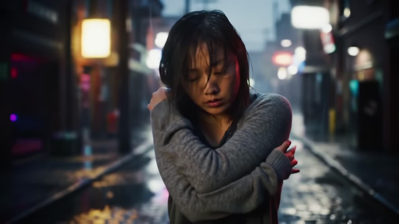 A Pensive Woman in a Rainy Alley, Reflecting on Her Emotions Amidst Urban Lights and Shadows in a Silent Evening Setting