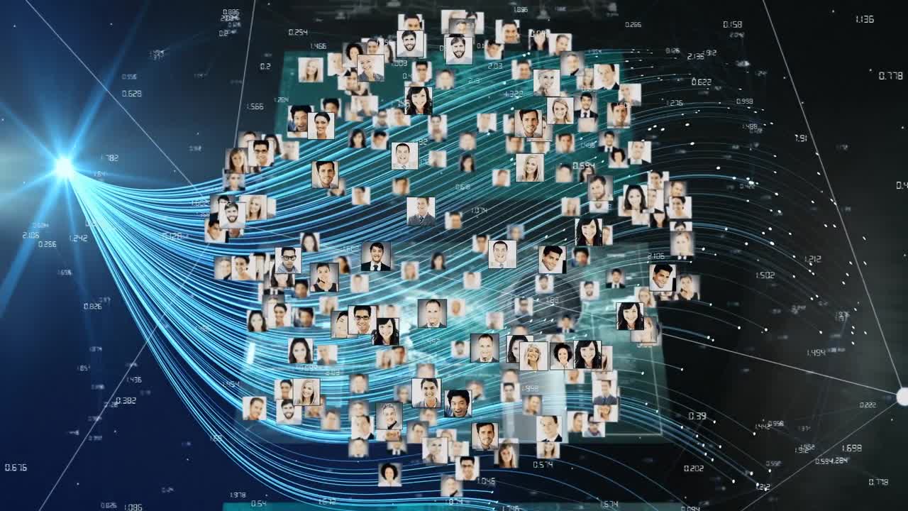 파란색 배경에 디지털 파도와 데이터 처리를 회전하는 프로필 아이콘 네트워크의 세계