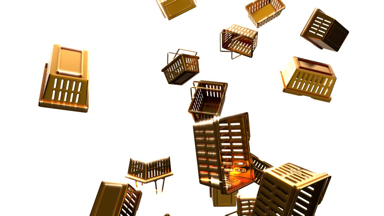 Shining gold shopping baskets on white background.