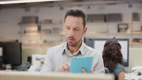 ejecutivo de negocios trabajando en una computadora usando una tableta digital conectada a datos globales en una oficina corporativa ocupada comprometido con el crecimiento y el éxito