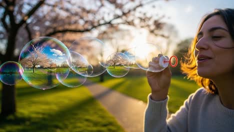 a serene moment in nature: capturing the beauty of spring as bubbles reflect cherry blossoms during a relaxing afternoon in the park