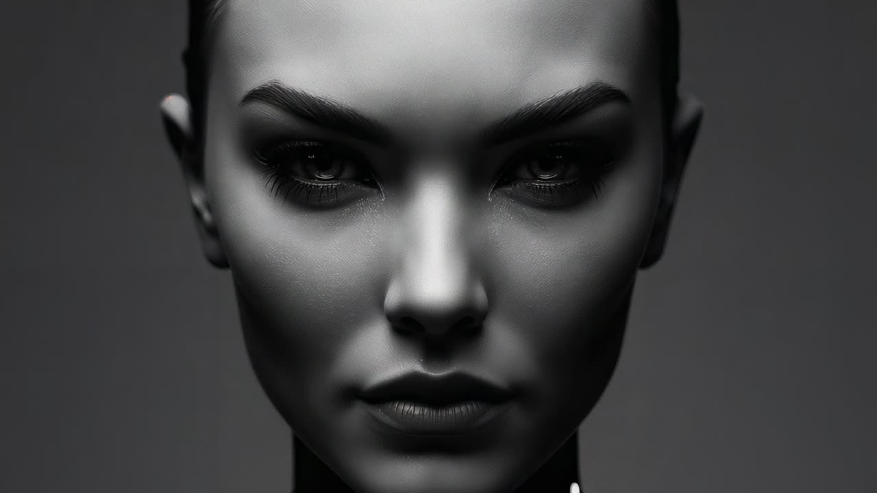 Modelo feminina começando a abaixar lentamente as pálpebras a partir de uma pose em estúdio para um retrato com maquiagem escultural