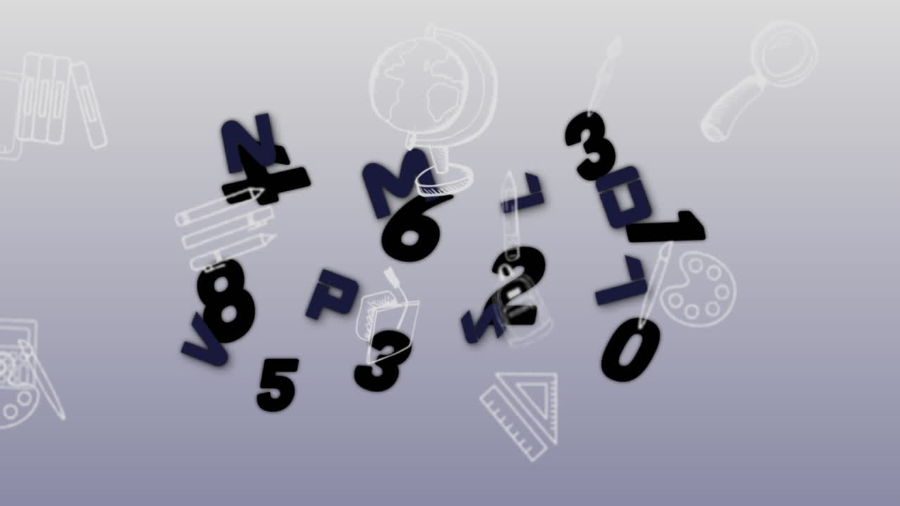 Animazione di numeri e lettere neri che cambiano e materiale scolastico in movimento su sfondo grigio