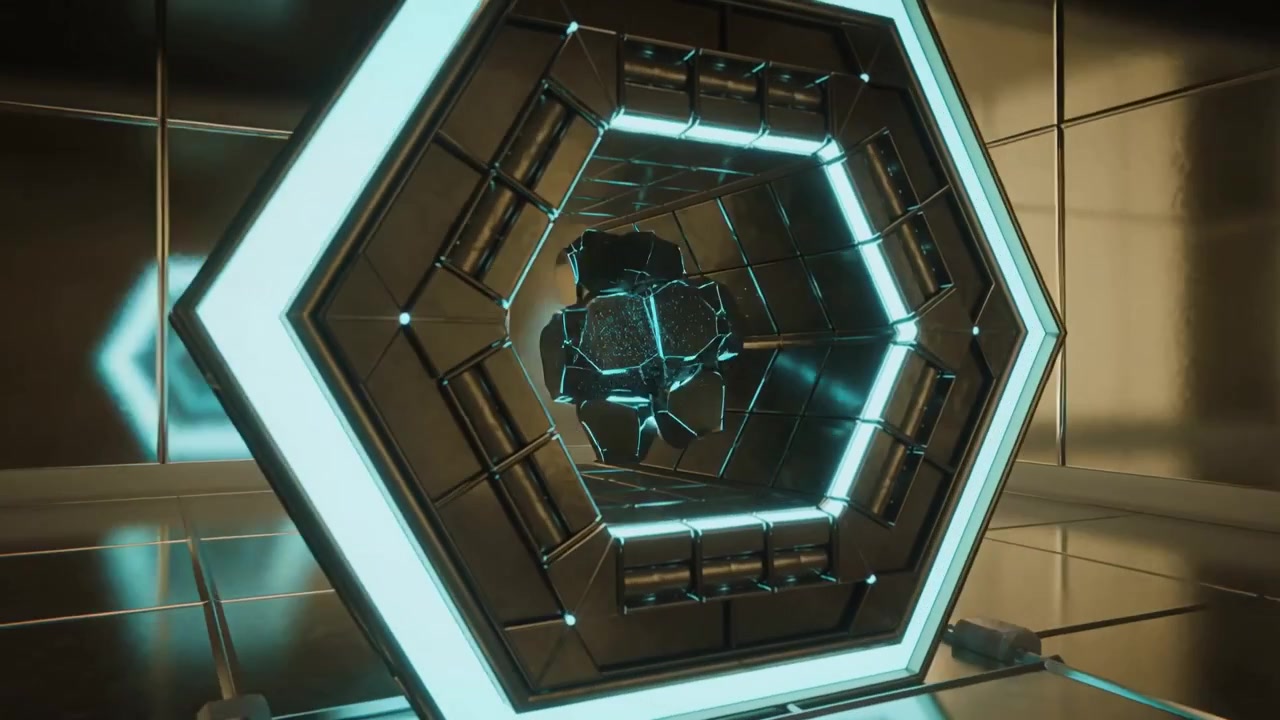 Attivazione di un dispositivo esagonale verticale che ruota e si apre in una stanza metallica, formando un tunnel di particelle.