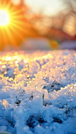 a field of snow covered grass with a bright sun shining on it. the sun is the main focus of the image, and it creates a warm and inviting atmosphere