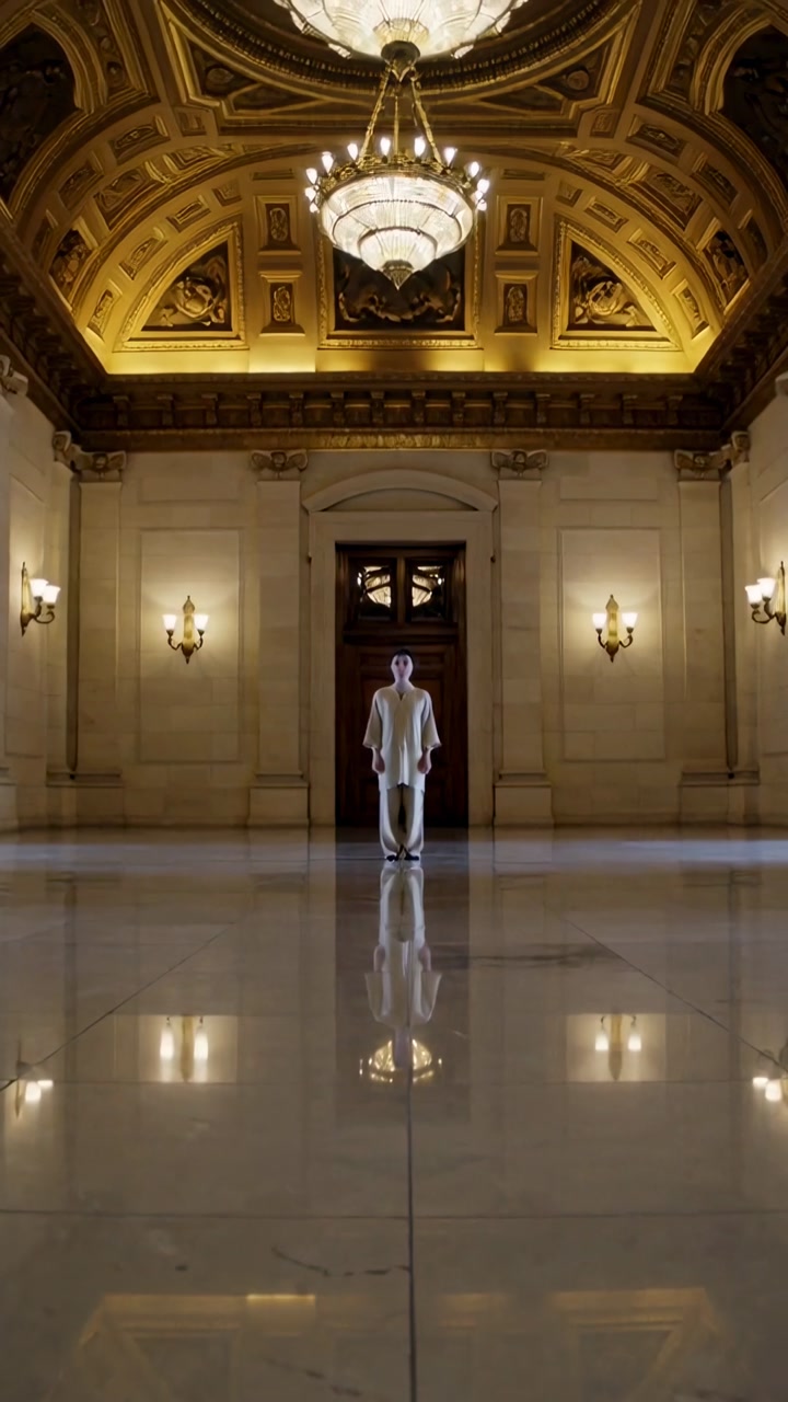 Vertical video: Cam starting man posing in hall under chandelier in tunic pants showing symmetry