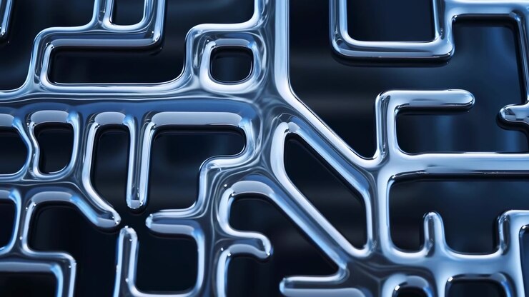 Tight abstract close-up showing glossy liquid-metal network formed by interconnected rounded tubular junctions, chrome-blue highlights, smooth curves, reflective depth and dark studio contrast
