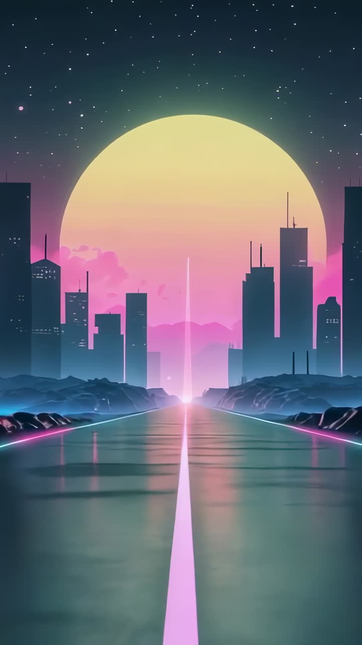 Vertical video: Sun reflecting glossy neon highway with magenta centerline under star-speckled sky