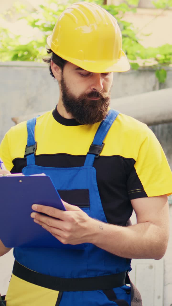 Ingeniero de vídeo vertical inspeccionando los niveles de freón