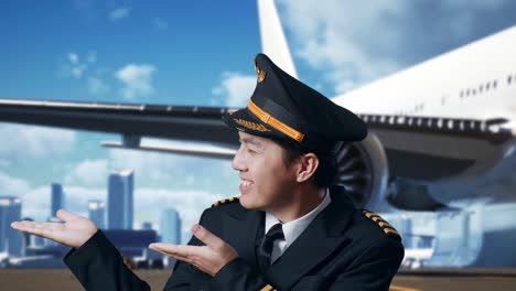 close up of asian man pilot smiling and pointing to side while standing in airfield with airplane on background