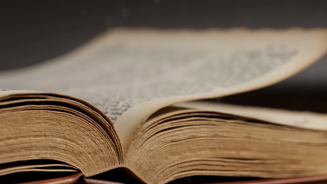 Antique Book Pages Turning Close Up, Warm Sepia Tones, Worn Paper Edges, Visible Spine And Margin Text, Soft