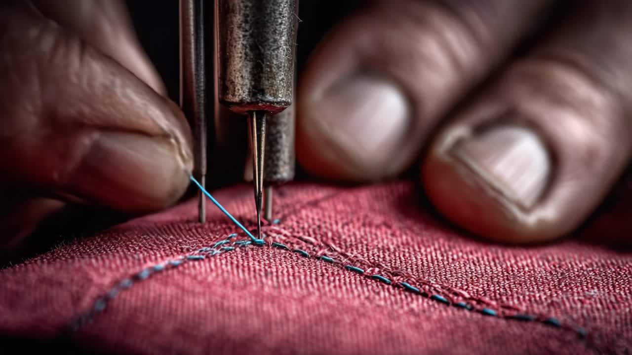 Primo piano di cucito a mano: catturare la complessità dell'artigianato tessile con fili che si intrecciano su tessuto pregiato, il tutto su uno sfondo sfocato.