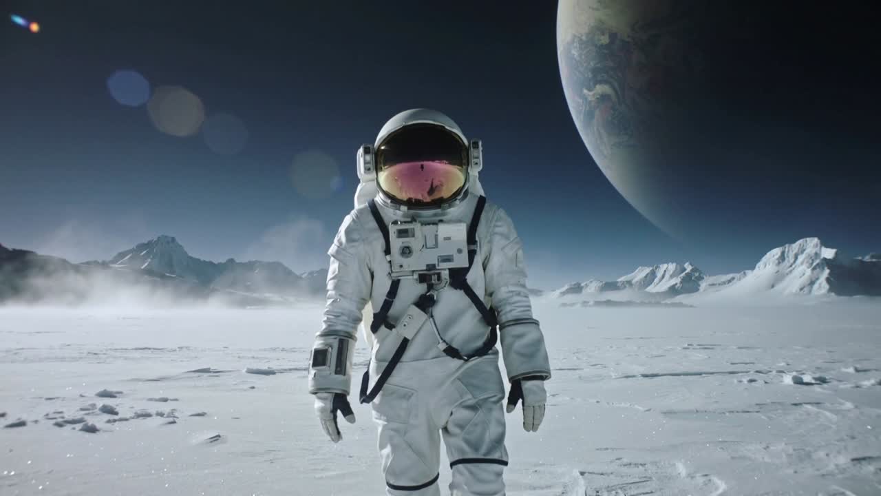 Astronauta con traje espacial caminando avanzando hacia la cámara mientras el dolly se desplaza en una llanura helada, con el soporte vital brillando.