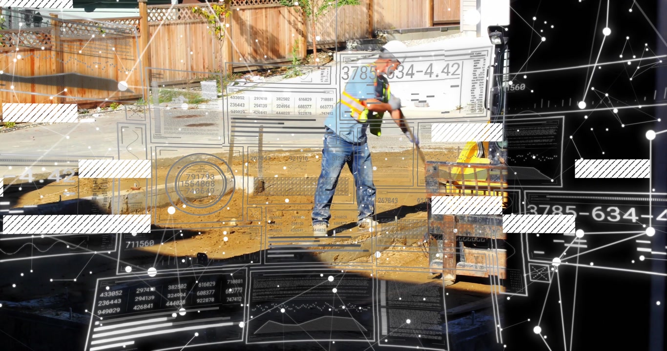 Construction worker pressing shovel into soil initiating trench digging, clearing soil beside logs